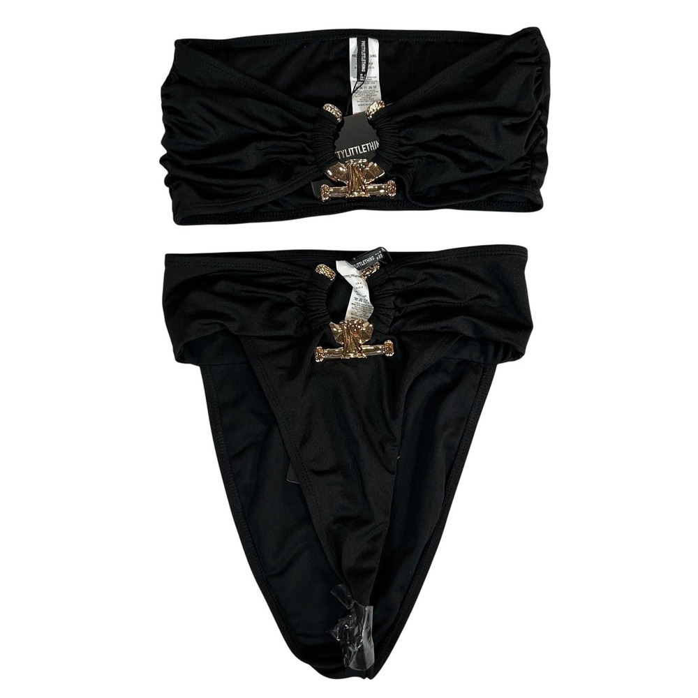 PrettyLittleThing Black Hammered Trim Bandeau Bikini Set‎ US 8 CMP0912/4/59